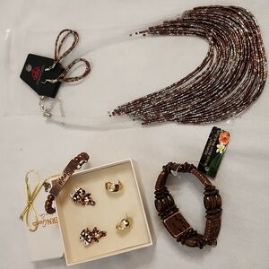 Beaded Paparrazi Set,Goldtone hoop& Betsey Johnson Cat Earrings,Wooden Bracelet